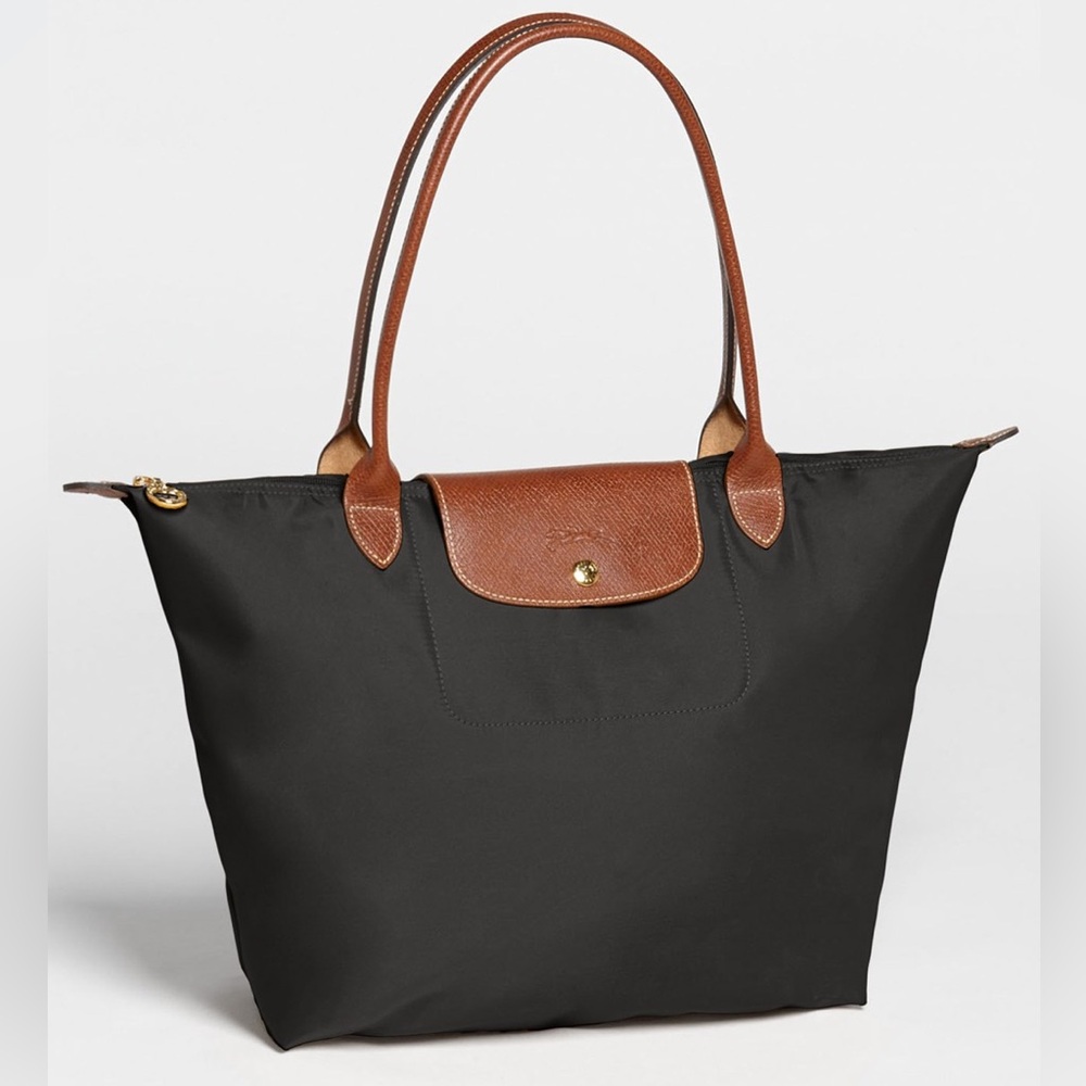 Longchamp Large Le Pliage Tote Black Tote with Brown Accents